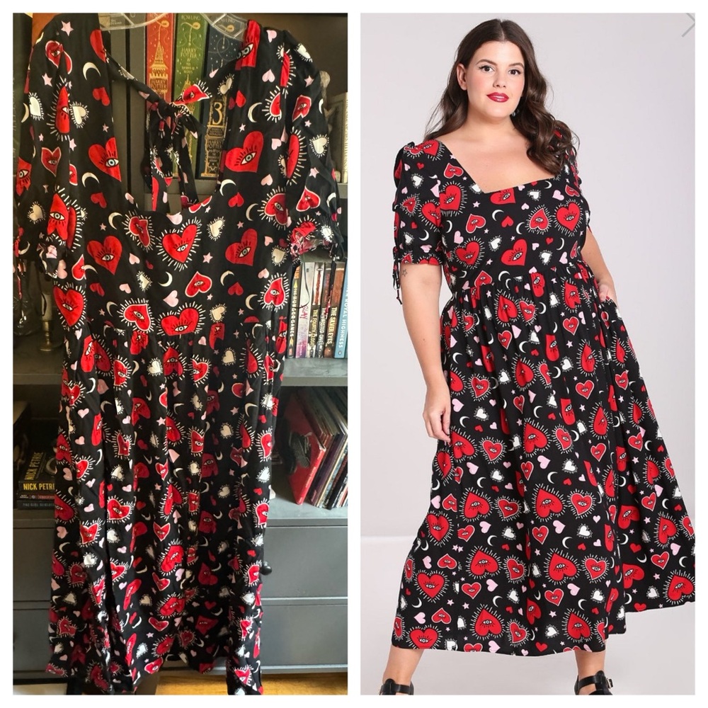 NWOT Hell Bunny Kate Black and Red Heart Print Maxi Dress 2XL/3XL